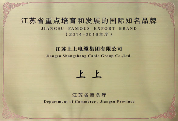 pg电子电缆荣获2014-2016年度“江苏省重点培育和生长的国际知名品牌”
